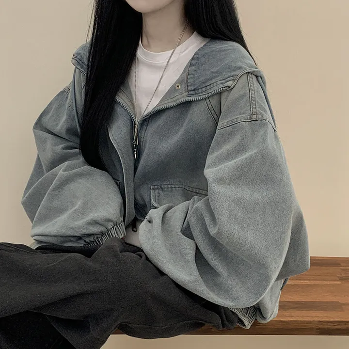 [남여공용/왕오버핏] 데님 투웨이 빅후드 오버핏 워싱 벌룬 청자켓 점퍼 연청 흑청 상세 이미지 8