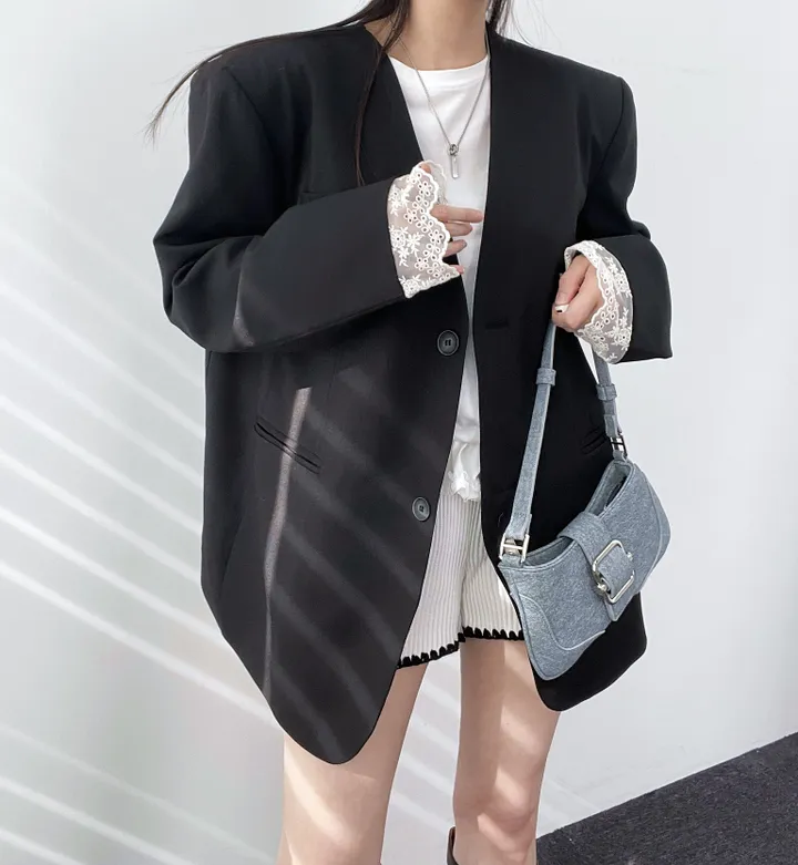 *핏대박레이스자켓* 봄옷 자켓 오버핏 레이어드 레이스 노카라 자켓 박시핏 봄아우터 봄자켓 레이스자켓 상세 이미지 6