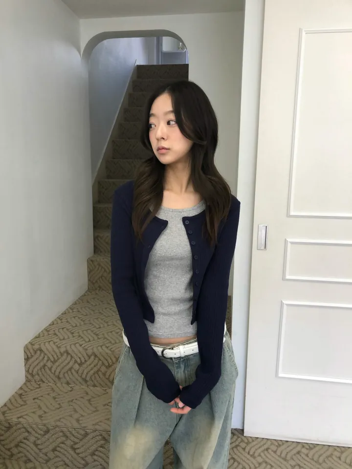 슬림핏 숏 골지 가디건 상세 이미지 29