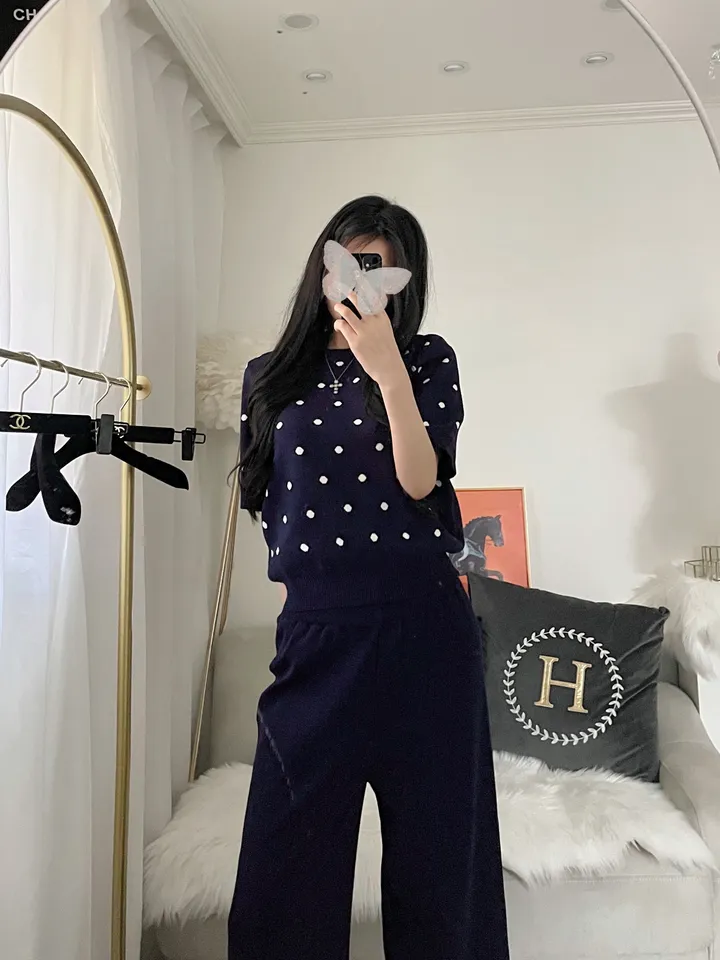 수입 벌룬 땡땡이 반팔 니트 와이드 마실룩 투피스 셋업 상세 이미지 22