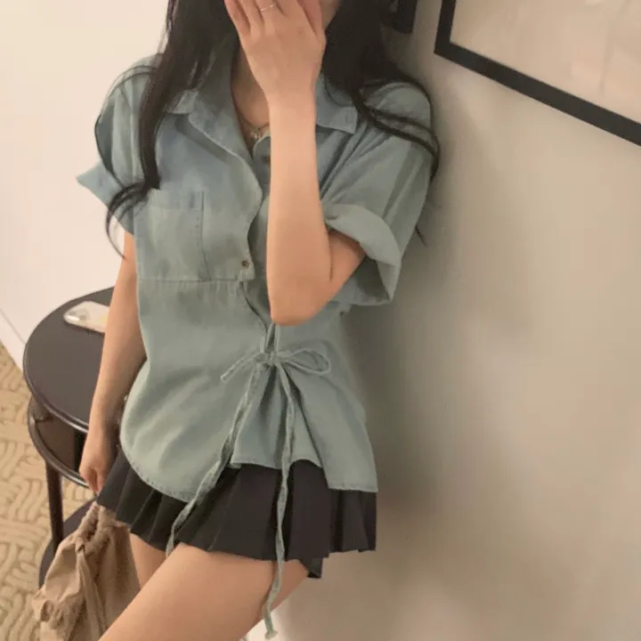 [단독판매🤍/리본포인트!] 데님 사이드 리본 포인트, 루즈핏 카라셔츠 남방 - 2color 상세 이미지 4
