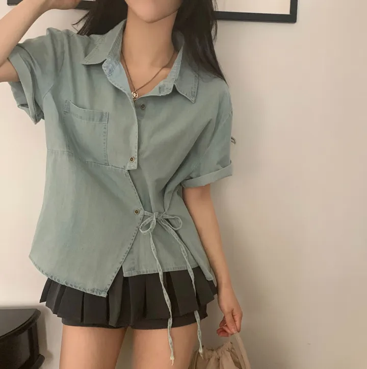 [단독판매🤍/리본포인트!] 데님 사이드 리본 포인트, 루즈핏 카라셔츠 남방 - 2color 상세 이미지 16