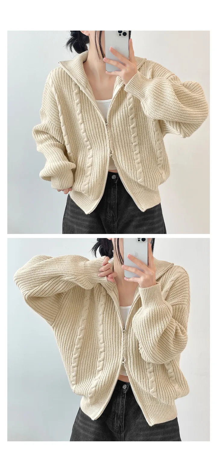 [도톰따뜻🧶아방핏]폭닥 투웨이 하이넥 루즈핏 꽈배기 니트 집업(5color) 상세 이미지 15