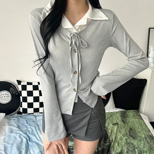 [일체형/모던룩/2col] 신디 일체형 슬림핏 레이어드 셔츠 가디건 / 카라넥 / 리본가디건 / 레이어드티셔츠 / 페이크셔츠 / 긱시크 / 브이넥 / 셔츠니트 / 코디완성 / 강추 상세 이미지 21
