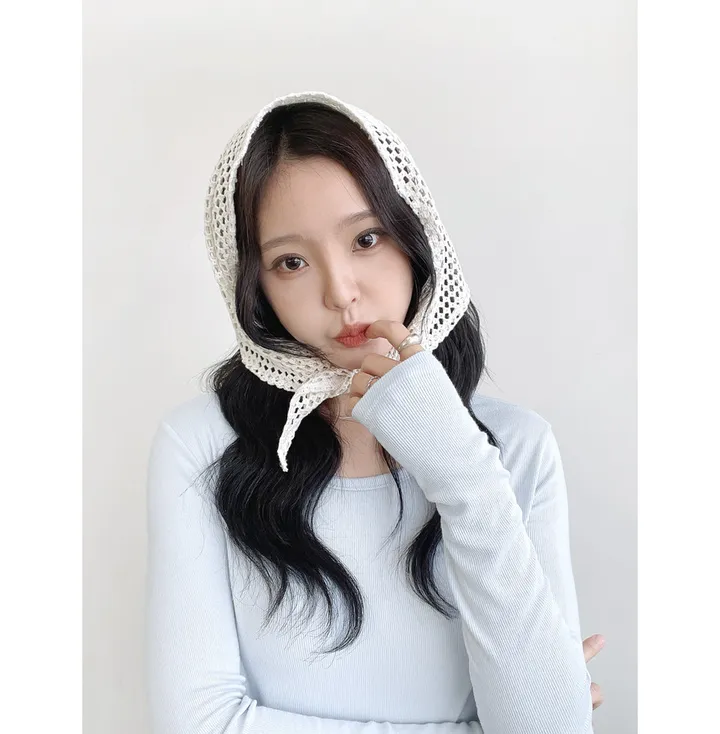 [2col/신상할인] 린 펀칭 니트 헤어커치프 여성 휴양지 봄 여름 스카프 보넷 두건 상세 이미지 9