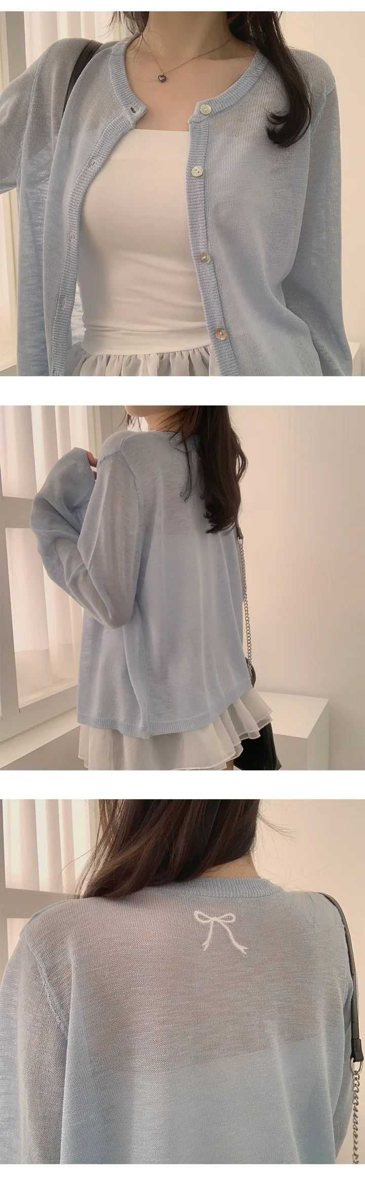 🎀리본 자수 포인트 [간절기,여름가디건/기본템/냉방병방지/살안타템] 애드 라운드넥 뒷 리본자수 루즈핏 자개 단추 봄,여름,가을 간절기 니트 가디건 7Color 상세 이미지 12