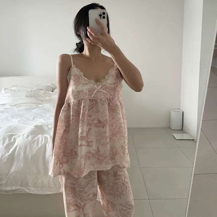 [당일출고]캡내장 파스텔 상의+긴바지+로브가디건 3pcs 잠옷 홈웨어 세트(2color) 상세 이미지 1