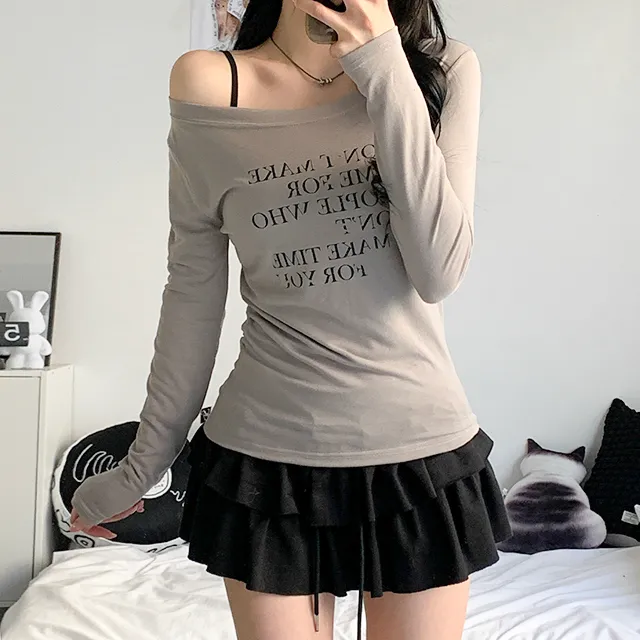 [날씬여리/3col] 해프닝 원숄더 레터링 시스루 긴팔 티셔츠 / 빈티지레터링 / 프린팅티셔츠 / 언발넥 / 오프숄더 / y2k / 트렌디 / 힙무드 / 군살커버 / 여리글램 상세 이미지 22