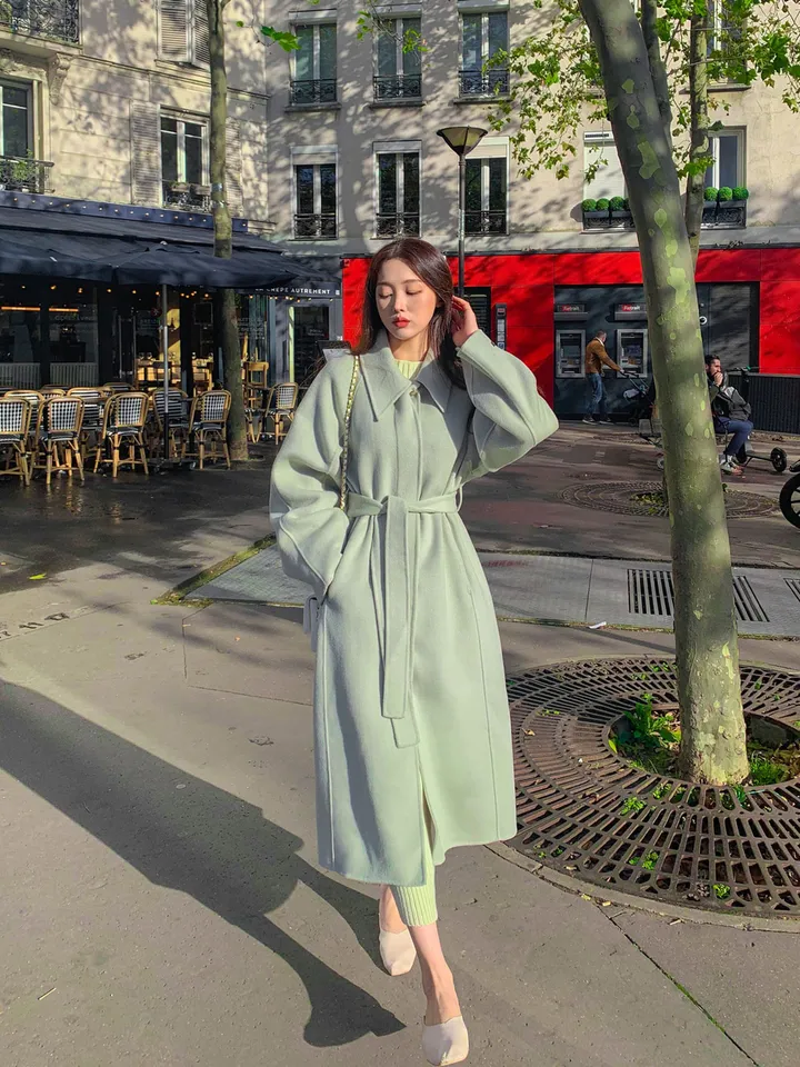 [메리노울100%🤎handmade] 백화점퀄 wool 핸드메이드 롱 울 코트 카라 로브 모직 루즈핏 벨트 싱글 히든버튼 트임 겨울 아우터 네이비 베이지 민트 3col 상세 이미지 50