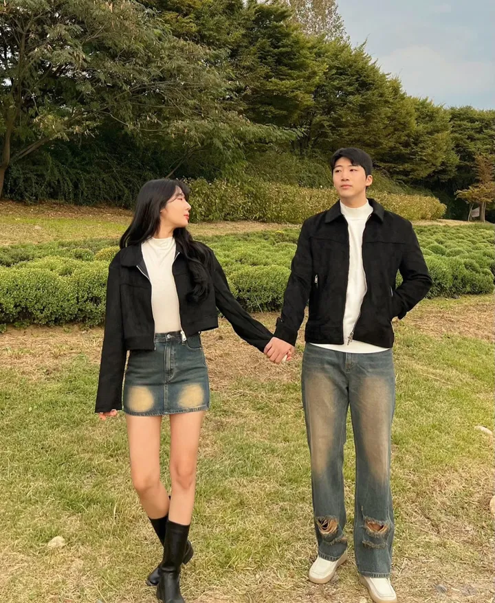 당일출고![단독/시밀러룩] 봄 가을 스웨이드 자켓 크롭 오버핏 워싱 청치마 청바지 커플룩 상세 이미지 24