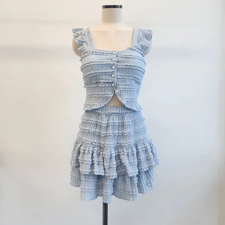 [당일발송] 4Color (캡내장)단추 펀칭 셔링 프릴 뷔스티에 크롭 나시 밴딩 미니 스커트 투피스 세트*2091 상세 이미지 17
