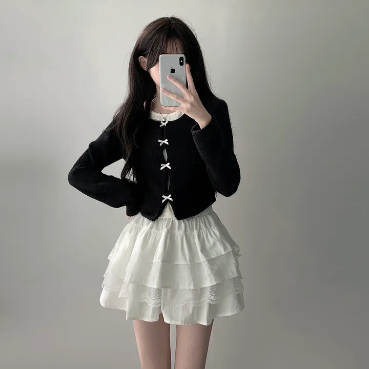 *봄가을ver추가* [코디세트/완전귀여운!] 뮤즈 보들 리본 트임 홀터넥 나시 레이어드 일체형 니트 + 슈아 밴딩 골지 레이스 캉캉 스커트 투피스 세트 상세 이미지 15