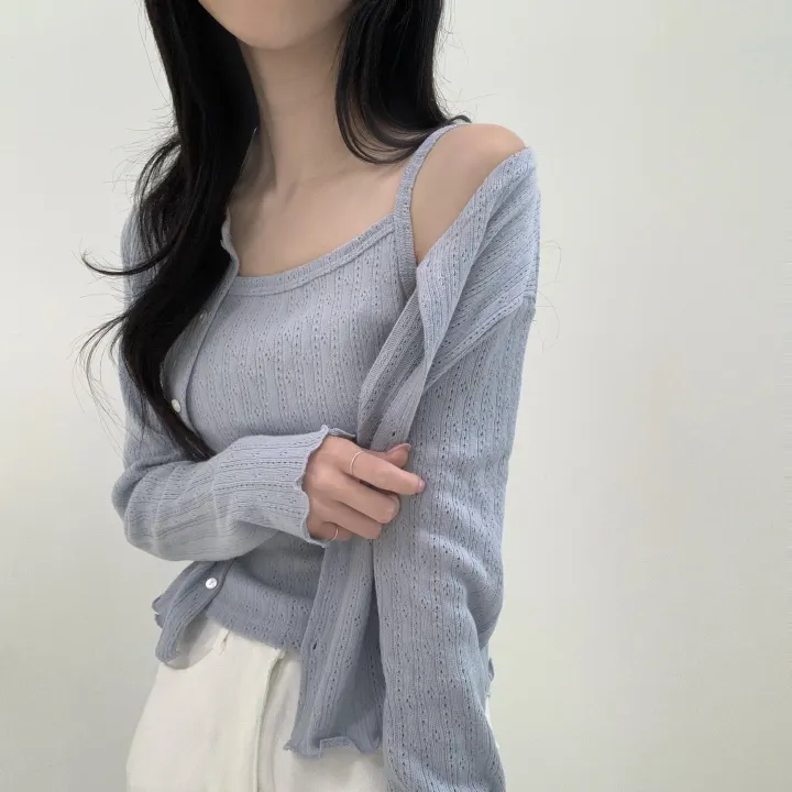 [나시+가디건set/여름까지] 여리여리 로맨틱 무드 펀칭 아일렛 세미크롭 투피스 세트 상세 이미지 2