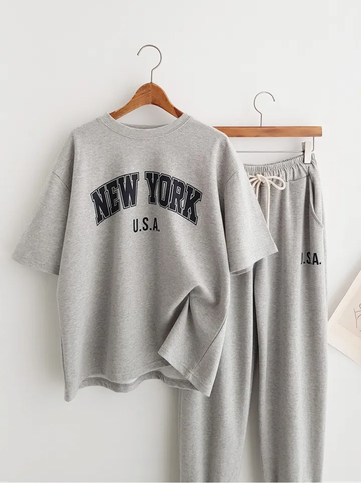 [데일리SET] NEW YORK 프린트 반팔티셔츠 오버핏반팔 밴딩팬츠 조거팬츠 조거바지 트레이닝세트 반팔세트 조거세트 츄리닝세트 이지웨어세트 여름트레이닝복 운동복세트 공항룩 상세 이미지 11