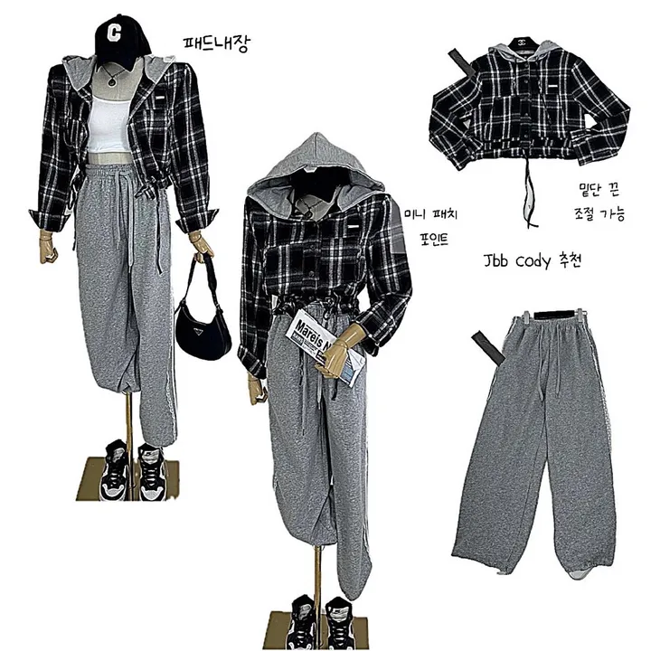 [패드내장/데일리/캐주얼/코디추천템] 크롭 체크 후드 배색 패치 스트링 셔츠 남방 상세 이미지 7