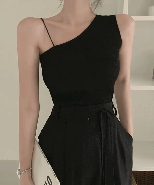 유니크 원숄더 언발 골지 니트 나시 슬리브리스