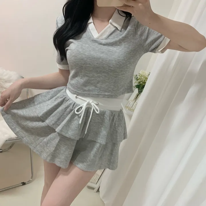[세트가격/러블리💛] 플레인 배색 카라 크롭 반팔 + 밴딩 캉캉 치마바지 미니스커트 투피스 세트 4color 상세 이미지 13