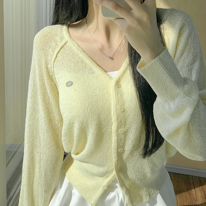 [여름신상💗] 부클 파스텔 팬던트 심볼 브이넥 여름 가디건 - 6color (파스텔/펜던트/와펜/나그랑/긴팔/브로치/쭈리/꾸안꾸/데일리/베이직/그물) 상세 이미지 6