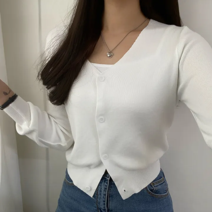 (데일리)소프트 기본 긴팔 니트 크롭 브이넥 가디건 5color 상세 이미지 5