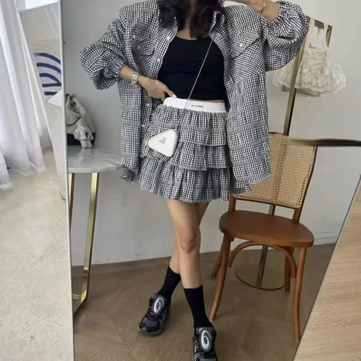 ((투피스룩*고퀄)) 오버핏 체크셔츠 캉캉치마 투피스 박시핏 빅사이즈 남방 치마 스커트 트레이닝 세트 여행룩 상세 이미지 2