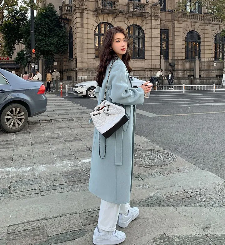파스텔 더블 버튼 빅카라 테일러드 벨트 모직 롱 코트 상세 이미지 9