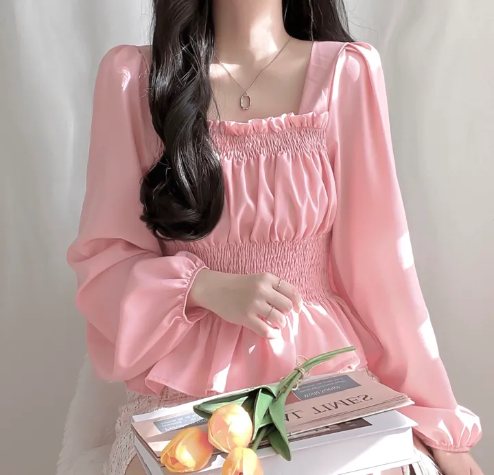 [체형보정/살랑쉬폰] 샤인 스퀘어넥 프릴 셔링 스모크 밴딩 퍼프 블라우스 상세 이미지 27