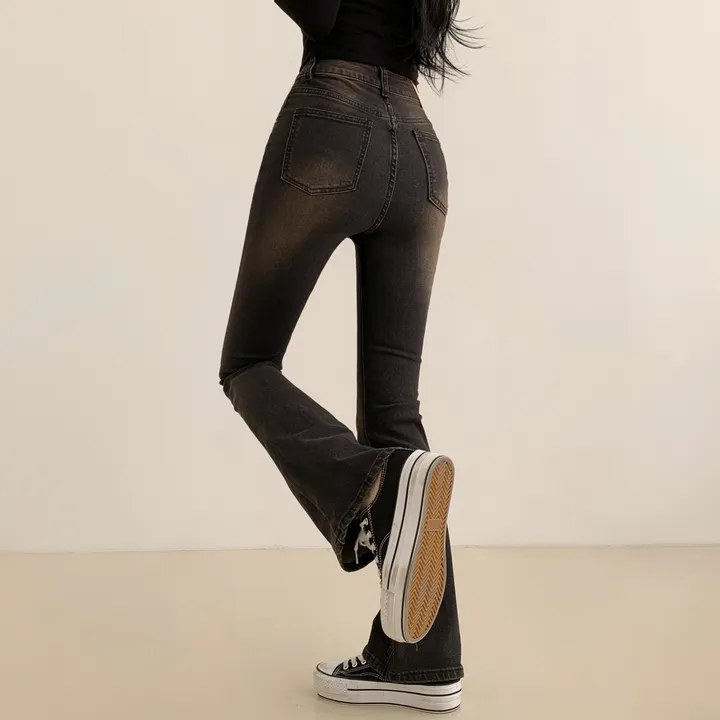 [~XL/인생핏!] 브라운 틴팅 워싱 하이웨스트 흑청 데님 부츠컷 팬츠 상세 이미지 5