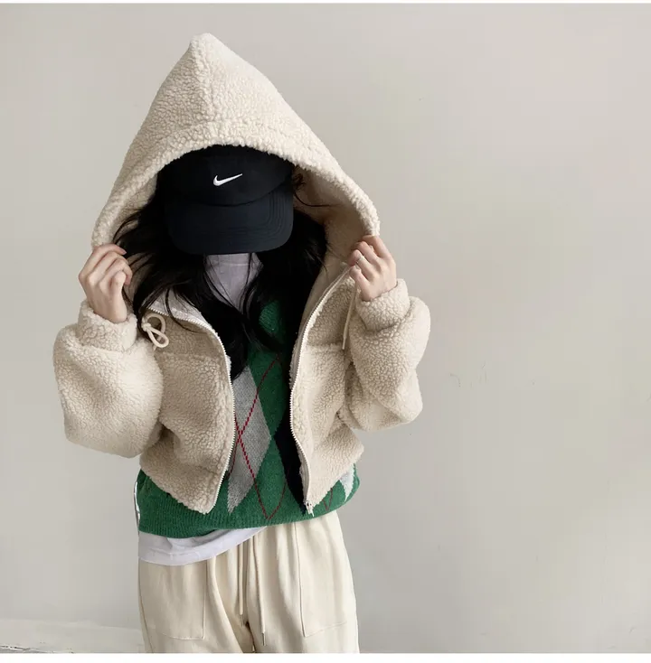 [국내생산/휘뚜루 마뚜루템!]뽀글이 덤블 크롭 후드 집업(3color) 핑크래빗 상세 이미지 30