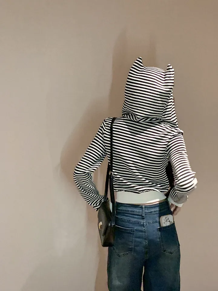 [인기🖤/빈티지]캣츠 스트라이프 후드집업 1color 슬림핏 여리핏 후드 후드집업 단가라 스트라이프 빈티지후드집업 y2k 펑크 고스룩 유니크 크롭 고양이 뿔후드 유니크 봄 상세 이미지 6