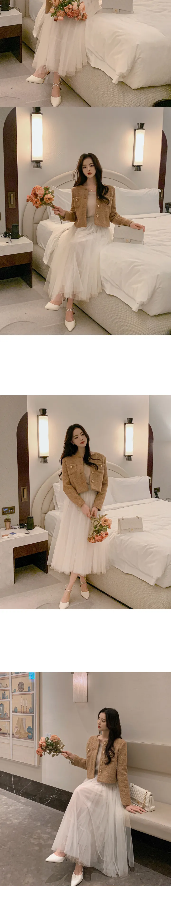 [당일배송🚀/1+1할인/하객룩추천✨/봄까지쭉!] 바이드 노카라 라운드넥 골드버튼 뽀글 세미크롭 베이직 트위드 자켓 상세 이미지 25