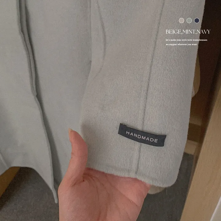 [메리노울100%🤎handmade] 백화점퀄 wool 핸드메이드 롱 울 코트 카라 로브 모직 루즈핏 벨트 싱글 히든버튼 트임 겨울 아우터 네이비 베이지 민트 3col 상세 이미지 3