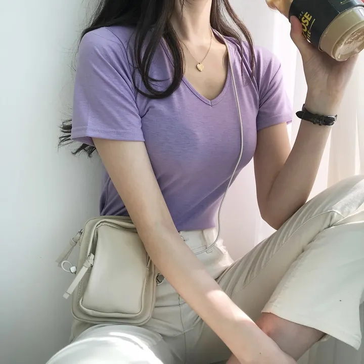 [퀄보장] *오늘출발* 부드러운 크림, 브이넥 무지반팔티 (쫀득핏 슬림 기본 반팔 티셔츠/이너티/기본티/무지티/레이어드티) 상세 이미지 23