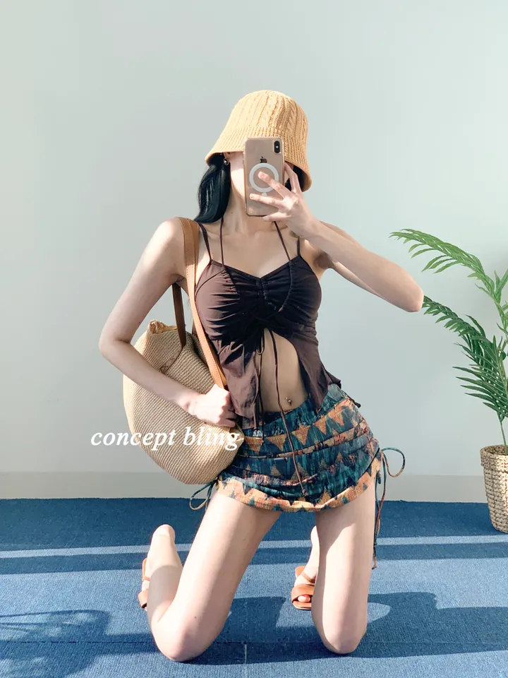 *고퀄* 히피 2pcs 비키니 홀터넥 리본 뱃살커버 스커트 포함 스트링 수영복 컨셉블링 상세 이미지 5