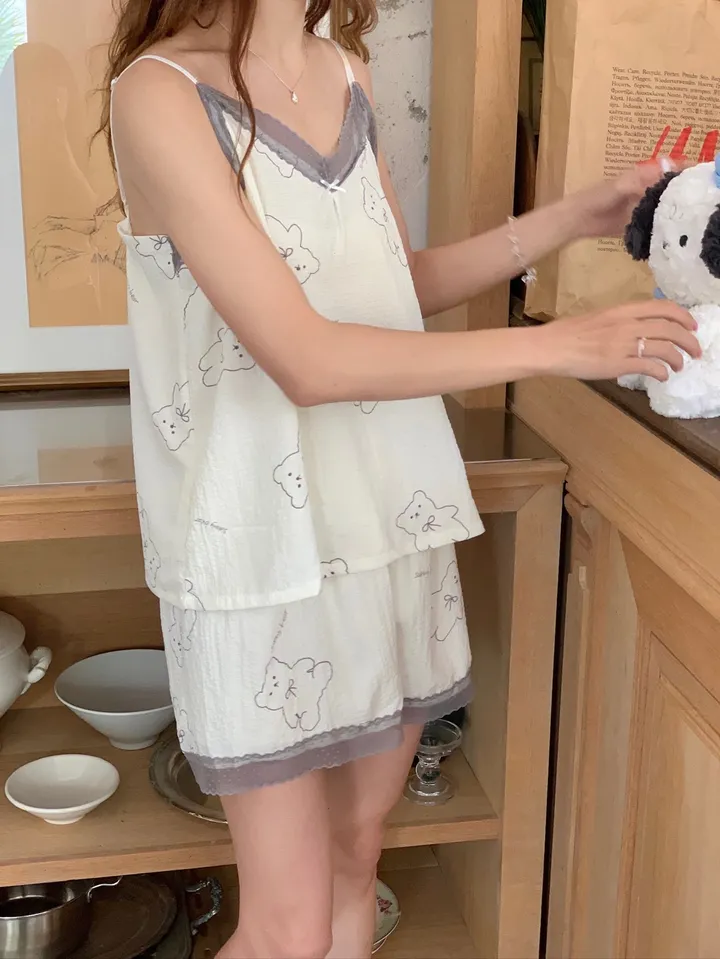 ❤️오늘출발❤️ 사계절  봄 레이스나시 민소매잠옷 상하의세트 반바지 밴딩팬츠  잠옷투피스 홈웨어 파자마 상세 이미지 4