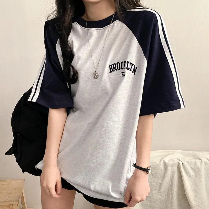 [예쁜/스포티!] 두줄 져지 배색 나그랑 브루클린 자수 데일리 반팔티T 5color 상세 이미지 26