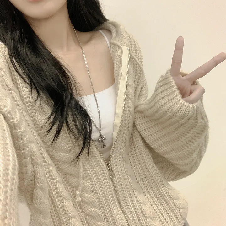 [여리여리✨울함유] 도톰 따뜻 아방핏 꽈배기 케이블 오버핏 니트 벌룬 후드집업 겨울가디건 상세 이미지 17