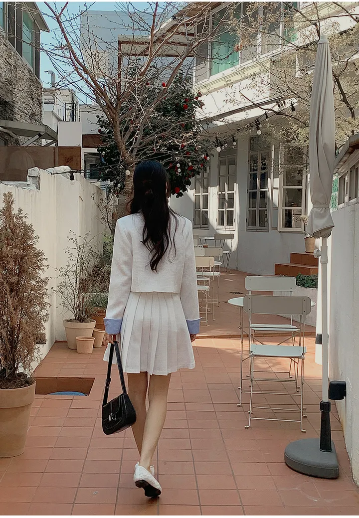 [44-120] [1천장 돌파✨] 루미네르 트위드 배색 카라넥 뒷밴딩 플리츠 투피스 세트 상세 이미지 45