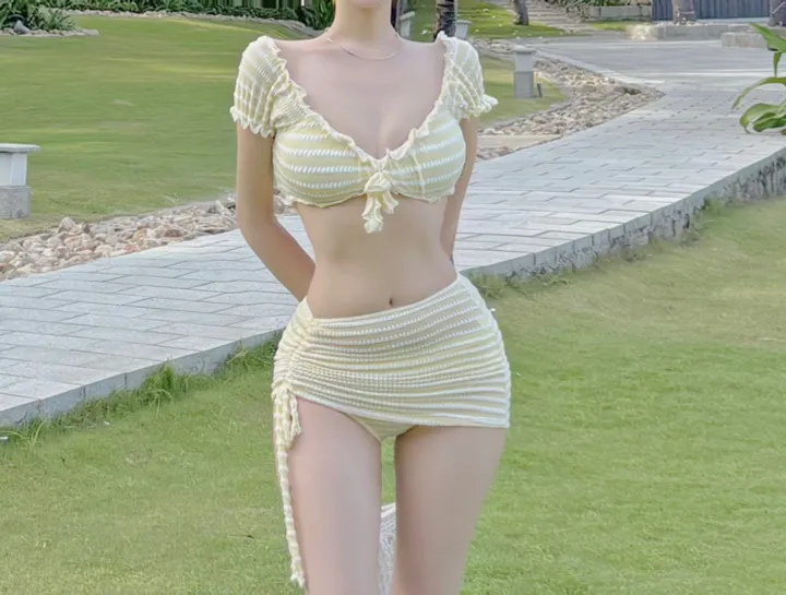 [최저가/신상할인] 쁘띠 오프숄더 브이넥 반팔 물결 스트라이프 옐로우 셔링 3피스 비키니 2color 상세 이미지 6