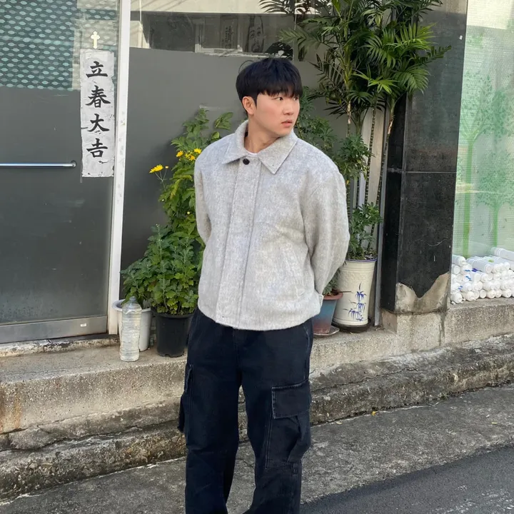 [캐주얼] 배색 남자 커플 오버핏 부클 털 모헤어 울 숏 하프 반 크롭 코트 점퍼 자켓 상세 이미지 39