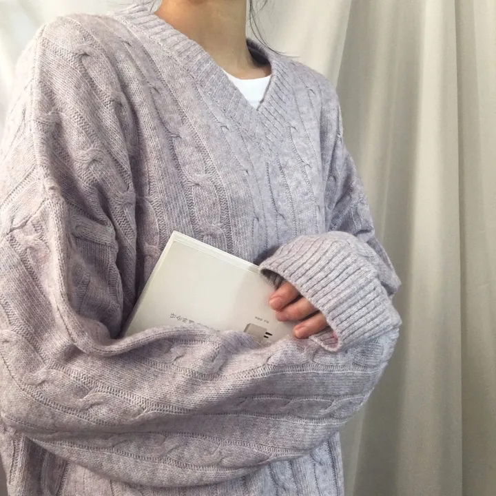[컬러믹스,봄] 루즈핏 꽈배기 니트 / 봄가을, 매일입는 스프링 케이블 울니트 / 보카시 브이넥 오버핏 긴팔티 상세 이미지 38