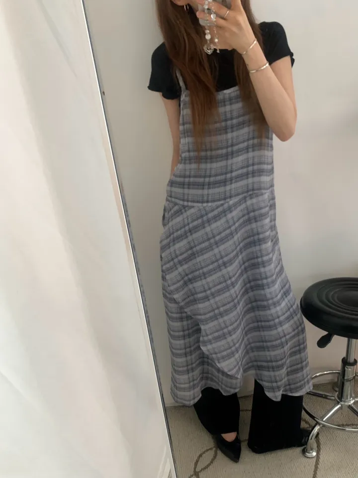 ノースリーブ ワンピース チェック柄 ロング シースルー 韓国 チェック ロングワンピース 韓国 ノースリーブ フリル