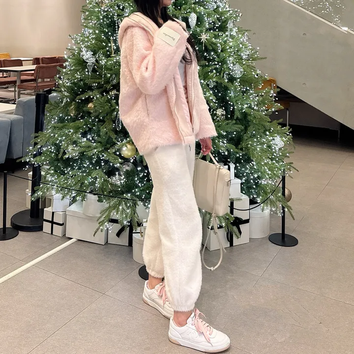 [러블리⛄/털빠짐X] 핑키 딸기우유 소프트 후드 퍼 뽀글이 앙고라 코트 집업 자켓 상세 이미지 4