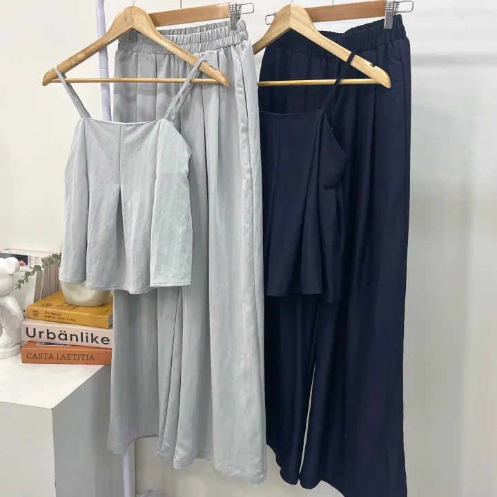 [봄여름/set]*무지* 프릴 뷔스티에 세트 나일론 레이온 프리사이즈 고급스러운 와이드롱팬츠 핀턱 밴딩 바지 드라이클리닝 끈나시 끈조절 데일리 기본 코코바지세트 2color 상세 이미지 14