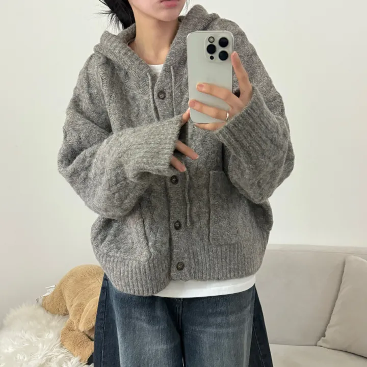 [따숩/폭닥] 알파카 겨울 케이블 후드 포켓 루즈핏 가디건 상세 이미지 12