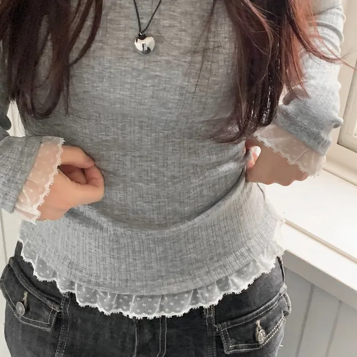 [-3kg🤍여리말라핏]사브리나 여리 레이스 레이어드 프릴 텐션 슬림핏 보트 라운드넥 롱슬리브 티셔츠 4color 상세 이미지 23