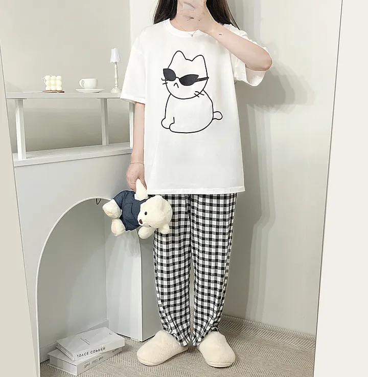 🖤[당일출고/남녀공용]🖤 고양이 캣 잠옷 파자마 상하세트 체크바지 빅사이즈 박시핏 루즈핏 오버핏 박시티 반팔 티 티셔츠 여름 면티 커플티 커플룩 커플티셔츠 커플잠옷 순면 상세 이미지 5