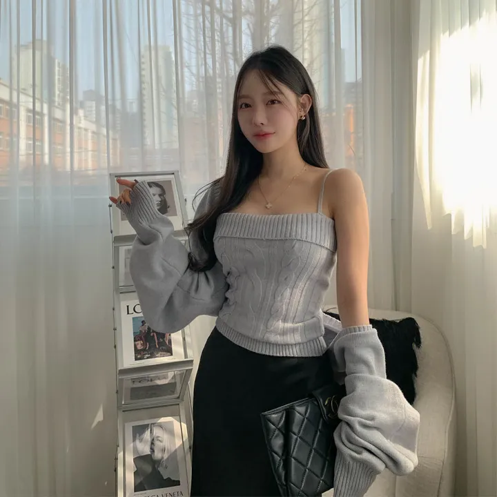 [찐애정템ㅠ고퀄버전*나시볼레로setෆ부유방삭제핏] 빈츠 꽈배기 끈나시 + 루즈핏 긴팔 볼레로 세트 니트 탑 나시 크롭 볼레로 가디건 스판 긴팔 투피스 세트 봄 가을 데일리룩 데이트 상세 이미지 30