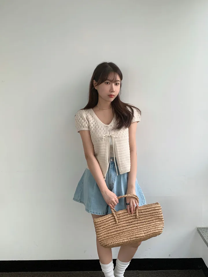 멜라운지 콤비 하프 가디건 mellounge 2col 반팔 여름 리본 펀칭 레이어드 러블리 상세 이미지 10