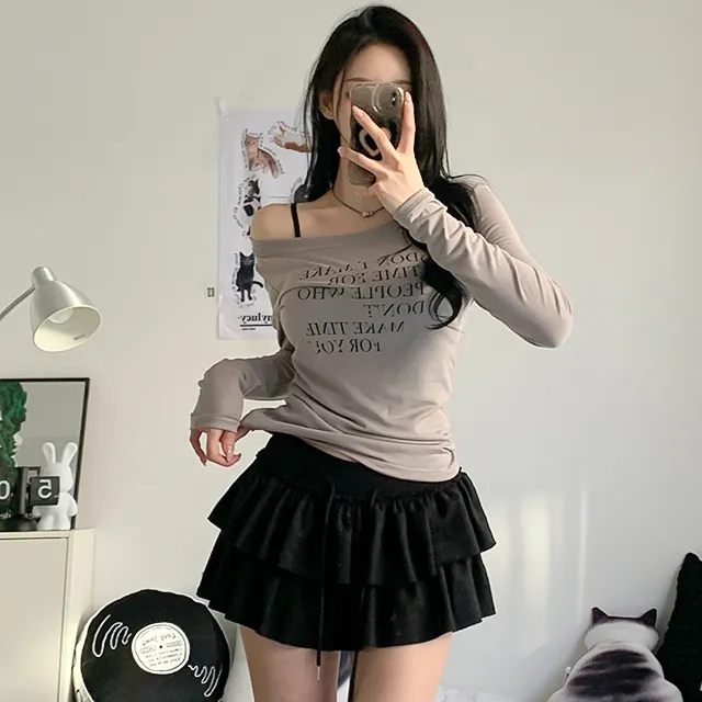 [날씬여리/3col] 해프닝 원숄더 레터링 시스루 긴팔 티셔츠 / 빈티지레터링 / 프린팅티셔츠 / 언발넥 / 오프숄더 / y2k / 트렌디 / 힙무드 / 군살커버 / 여리글램 상세 이미지 21
