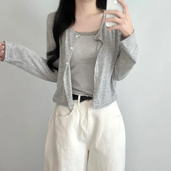 [데일리🖤] 여름 라운드 긴팔 가디건 + 단가라 스트라이프 나시 투피스 코디세트 - 세트,단품 선택가능 상세 이미지 7
